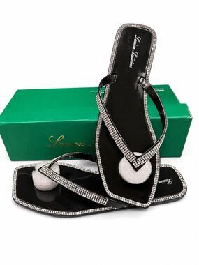 Lauren Lorraine Black Square Toe Thong Sandals 7.5 Minimalist Y2K NIB